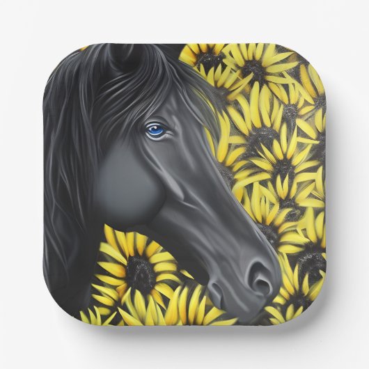 Black Stallion Pferd und Sonnenblumen Pappteller (Vorderseite)