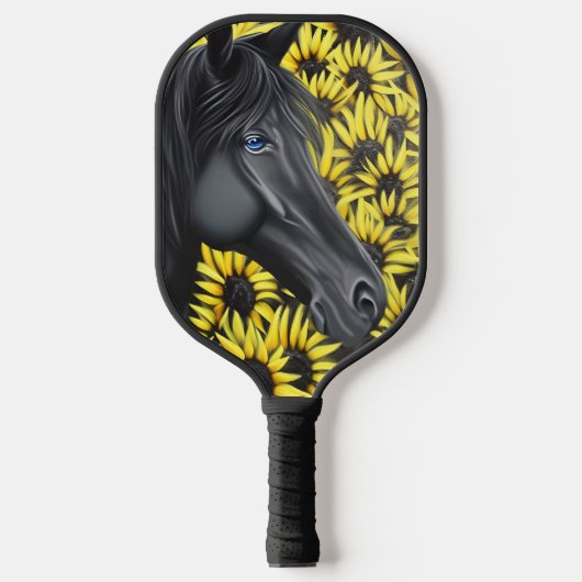 Black Stallion Pferd und Sonnenblumen Pickleball Schläger (Vorderseite)