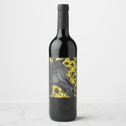 Black Stallion Pferd und Sonnenblumen Weinetikett (Vorderseite)