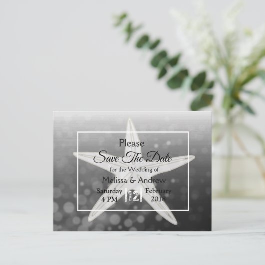 Black Starfish Beach Themed Wedding Save the Date Ankündigungspostkarte (Stehend Vorderseite)