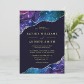 Black & Stars Blue Gold Hochzeit Einladung (Stehend Vorderseite)