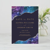 Black & Stars Blue Gold Save the Date Einladung (Stehend Vorderseite)