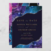 Black & Stars Blue Gold Save the Date Einladung (Vorne/Hinten)