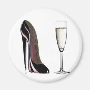 Black Stiletto Shoe and Champagne Glass Magnet