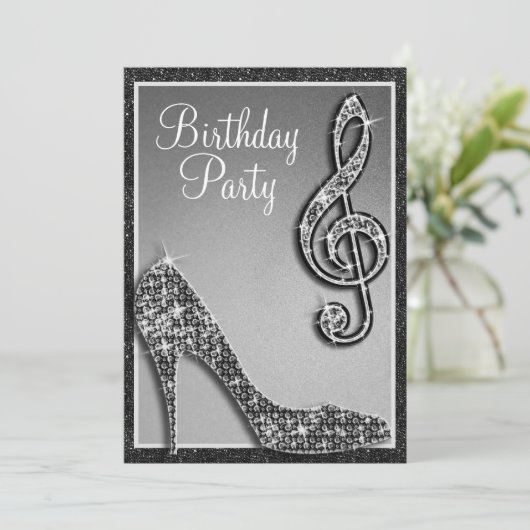 Black Stiletto & Treble Clef Geburtstag Einladung (Stehend Vorderseite)