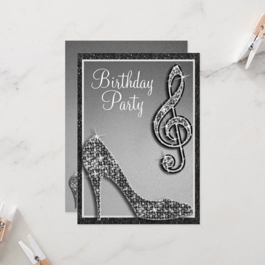 Black Stiletto & Treble Clef Geburtstag Einladung (Vorderseite/Rückseite Beispiel)