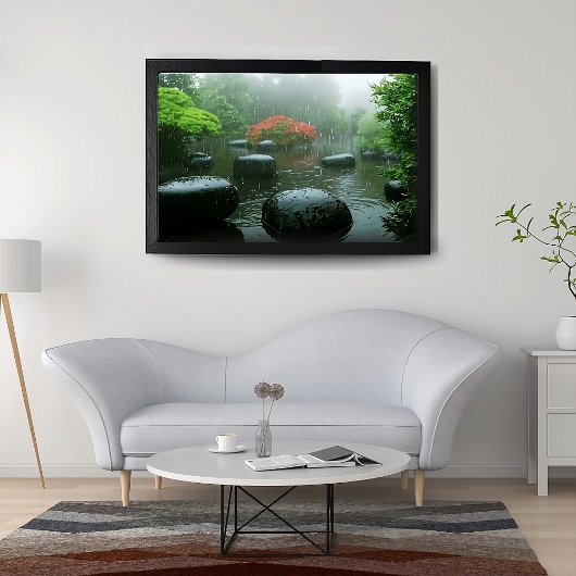 Black Stones in Rainy Zen Garden mit Blume | Poster