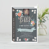 Black Storybook Floral Girl Virtual Baby Dusche Einladung (Stehend Vorderseite)