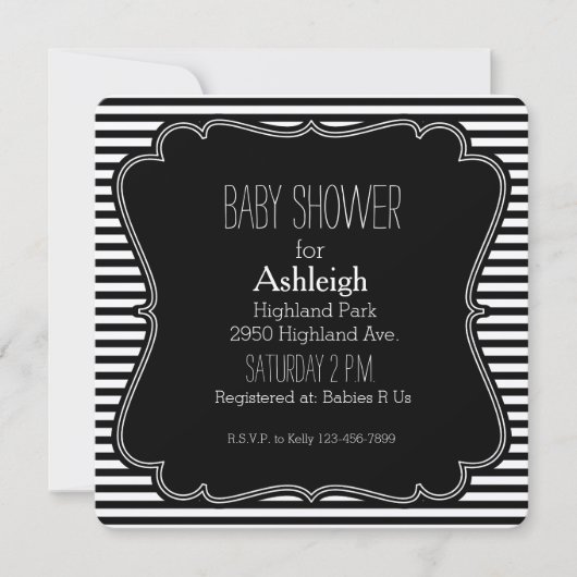Black Strip Babydusche Monogramm Einladung (Vorderseite)