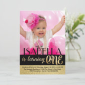 Black Strip Gold Foto zum ersten Geburtstag Einladung (Stehend Vorderseite)