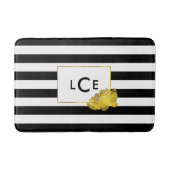 Black Strip & Imitate Gold Peony Monogram Badematte (Vorderseite)