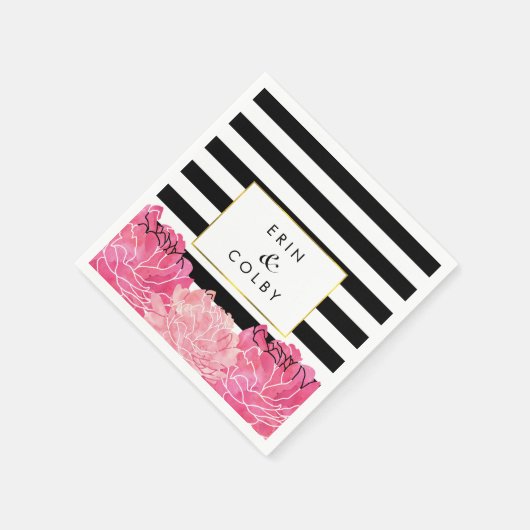 Black Strip & Pink Peony Serviette (Ecke)