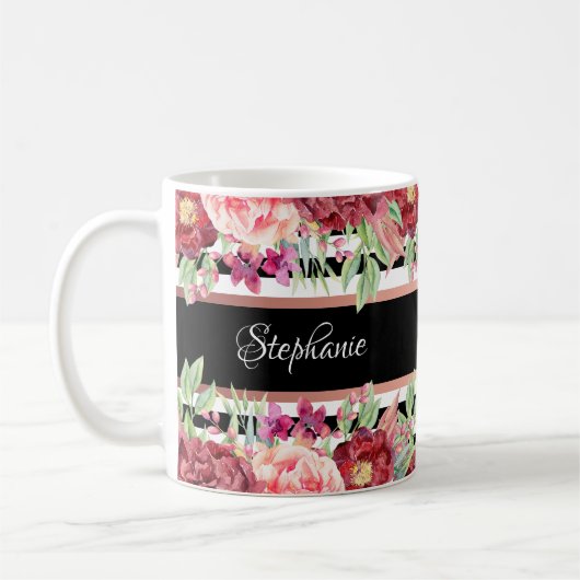 Black Stripe Burgundy Personalisierter Name Kaffeetasse (Links)