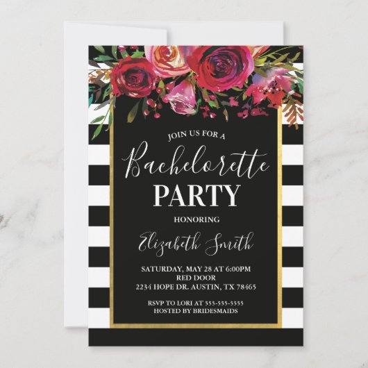 Black Stripe Floral BacheloretteParty Einladung (Vorderseite)