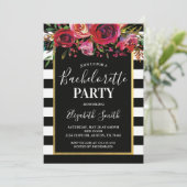 Black Stripe Floral BacheloretteParty Einladung (Stehend Vorderseite)