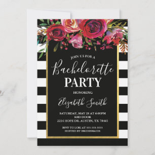 Black Stripe Floral BacheloretteParty Einladung
