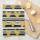 Black Stripe Gold Heart Glam Muster (2) Geschirrtuch (Viertel Falte)