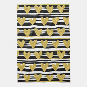 Black Stripe Gold Heart Glam Muster (2) Geschirrtuch