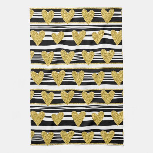 Black Stripe Gold Heart Glam Muster (2) Geschirrtuch (Vertikal)