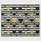 Black Stripe Gold Heart Glam Muster (7) Geschenkpapier (Flach)