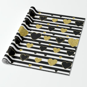 Black Stripe Gold Heart Glam Muster (7) Geschenkpapier