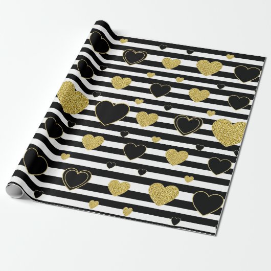 Black Stripe Gold Heart Glam Muster (7) Geschenkpapier (Ungerollt)