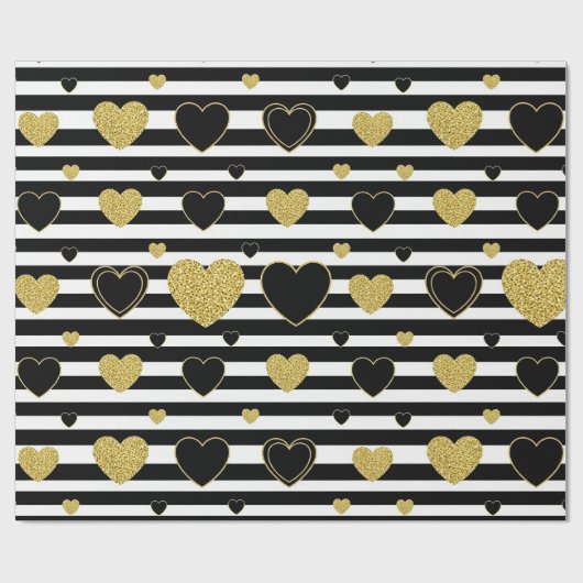 Black Stripe Gold Heart Glam Pattern (7) Geschenkpapier (Flach)