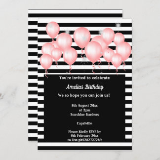 BLACK STRIPE PINK BALLOON BIRTHDAY PARTEI EINLADUNG