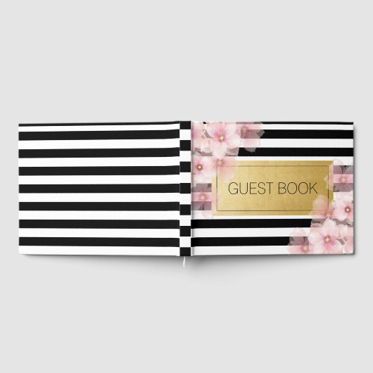 Black Stripe Pink Foral Wedding Gästebuch (Voll)