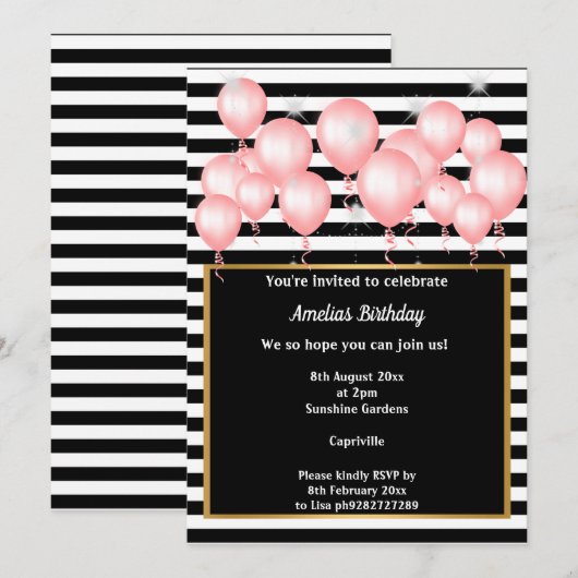 BLACK STRIPE PINK GOLD BALLOON BIRTHDAY PARTEI EINLADUNG (Vorne/Hinten)