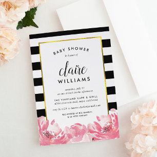 Black Stripe & Pink Peony Baby Dusche Einladung