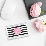 Black Stripe & Pink Watercolor Initial Monogram Visitenkarten Dose<br><div class="desc">This chic,  feminine business card holder features black and white stripes with a pink watercolor blot that surrounds your initial or monogram in white serif italic.</div>