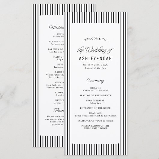 Black Striped Elegance Classy Wedding Program Menükarte (Vorne/Hinten)