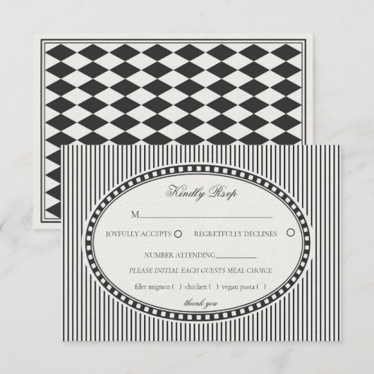 Black Striped Harlequin Pattern Wedding RSVP Begleitkarte (Vorne/Hinten)