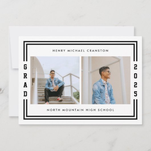 Black Striped Two Foto Graduation Party Ankündigung (Vorderseite)