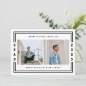 Black Striped Two Foto Graduation Party Ankündigung (Stehend Vorderseite)