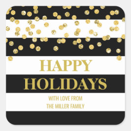 Black Stripes Gold Confetti Happy Holidays Custom Quadratischer Aufkleber