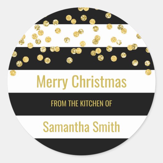 Black Stripes Gold Confetti Weihnachtsgebäck Runder Aufkleber (Vorderseite)