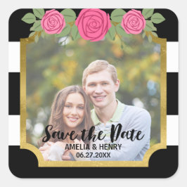 Black Stripes Imitate Gold Floral Save the Date Fo Quadratischer Aufkleber