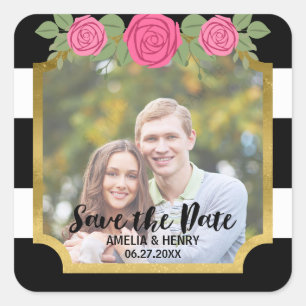 Black Stripes Imitate Gold Floral Save the Date Fo Quadratischer Aufkleber