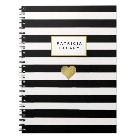 Black Stripes & Metallic Gold Heart Notebook Notizblock (Vorderseite)