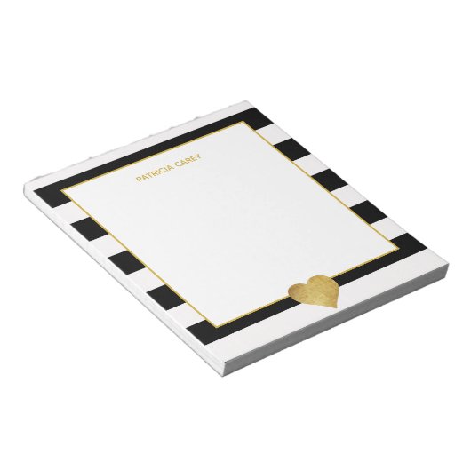 Black Stripes & Metallic Gold Heart Notepad Notizblock (angewinkelt)