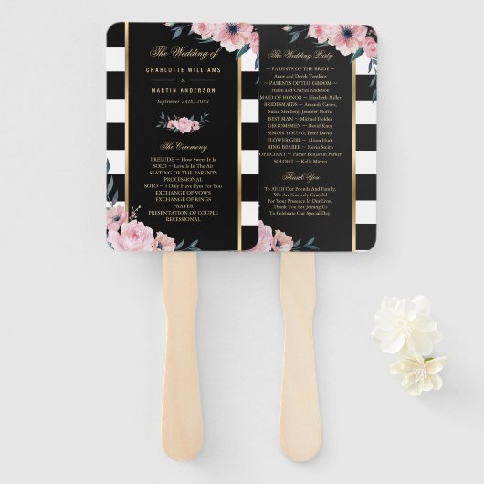 Black Stripes Pink Floral Wedding Programm Fächer (Vorne und Hinten)