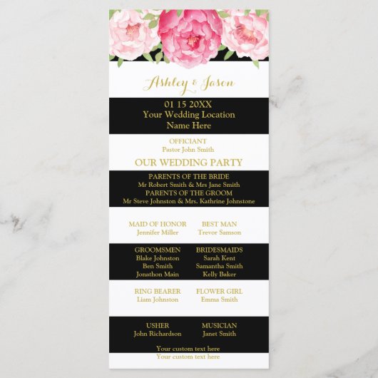 Black Stripes Pink Watercolor Hochzeitsprogramm Programm (Rückseite)