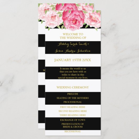Black Stripes Pink Watercolor Hochzeitsprogramm Programm (Vorne/Hinten)