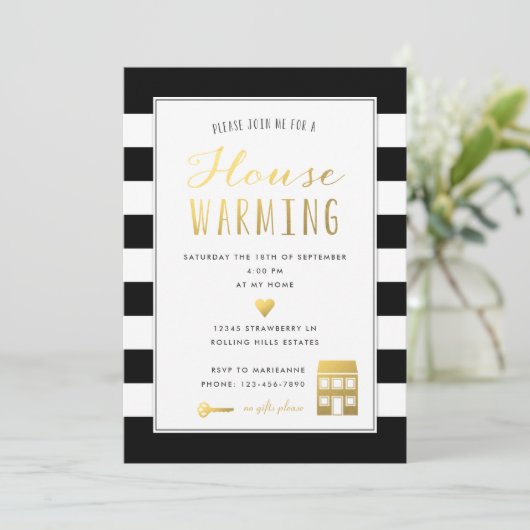 Black Stripes Single Housewarming Party Einladung (Stehend Vorderseite)