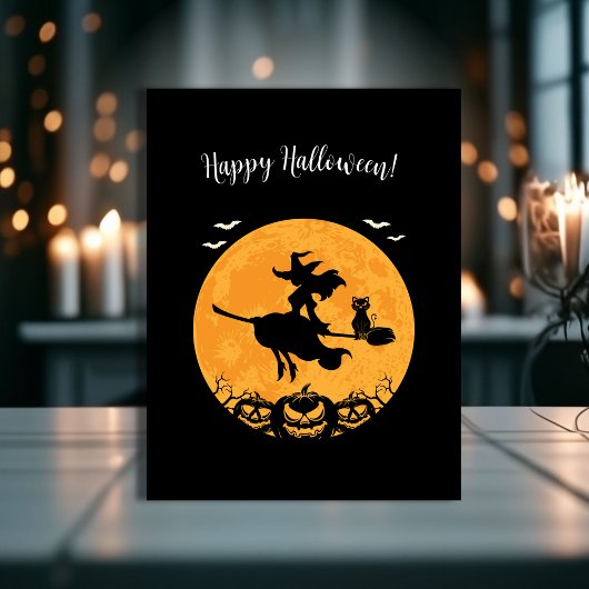 Black Stylish Halloween Hexe & Pumpkin Print Postkarte