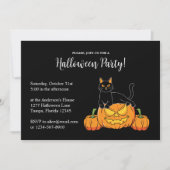 Black Stylish Halloween-Party Cat & Pumpkin Print Einladung (Vorderseite)