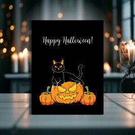 Black Stylish Happy Halloween Cat & Pumpkin Print Postkarte
