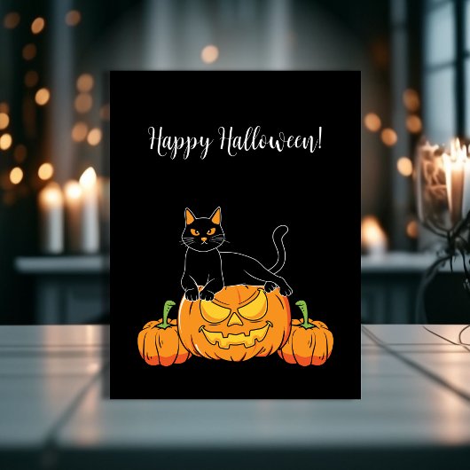 Black Stylish Happy Halloween Cat & Pumpkin Print Postkarte